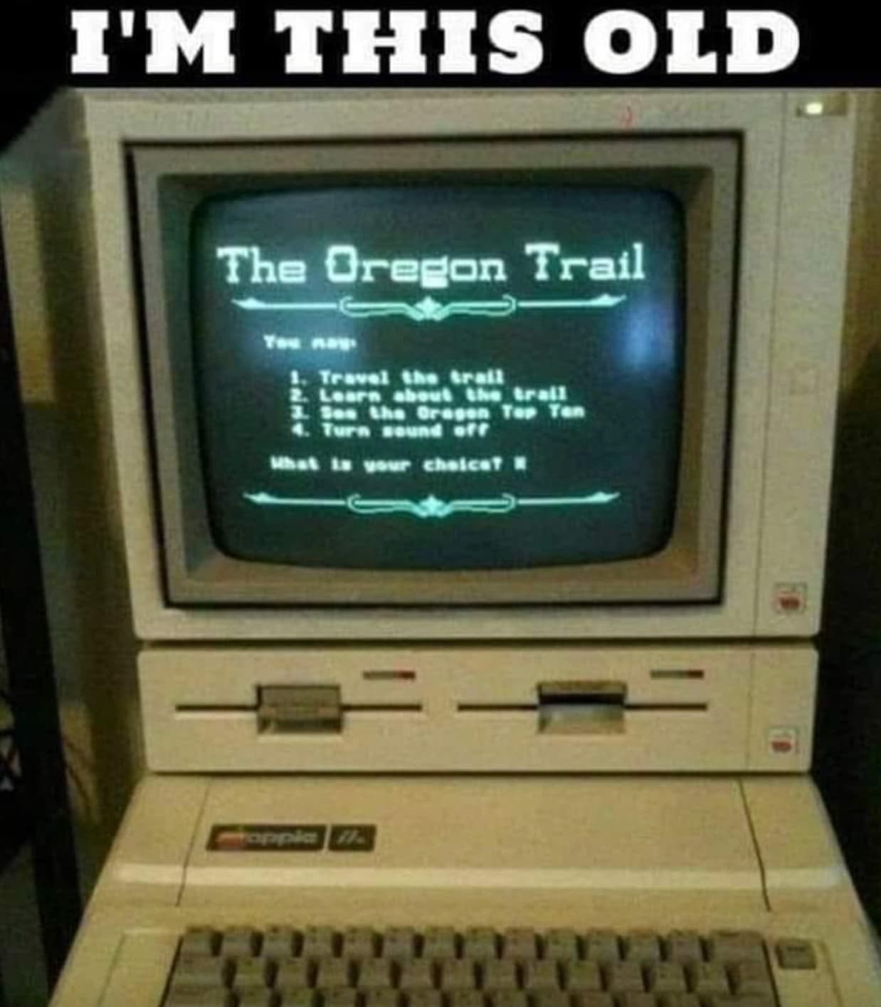 oregon trail apple ii - I'M This Old The Oregon Trail You nay 1. Travel the trail 2. Learn about the trail 3. See the Oragen Top Ten 4. Turn sound off What is your choice? apple